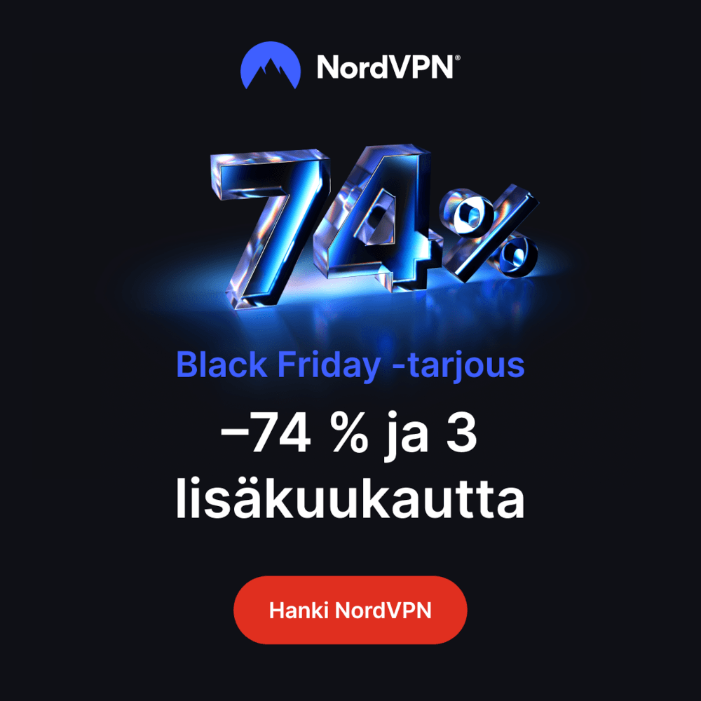 NordVPN Black Friday banneri, jossa mainostetetaan 74 prosentin alennusta ja kolmea lisäkuukautta.