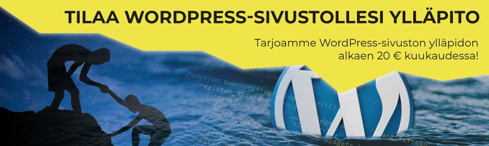 Tilaa WordPress-sivustollesi ylläpito. Tarjoamme WordPress-sivuston ylläpidon alkaen 20 € kuukaudessa! Kaksi henkilöä auttamassa toisiaan sekä WordPress-logo taustalla.